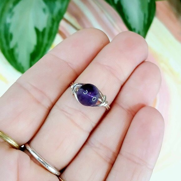 Amethyst Gemstone Beaded Wire Ring, Crystal Dainty Chic Cute Silver - Picture 3 of 3
